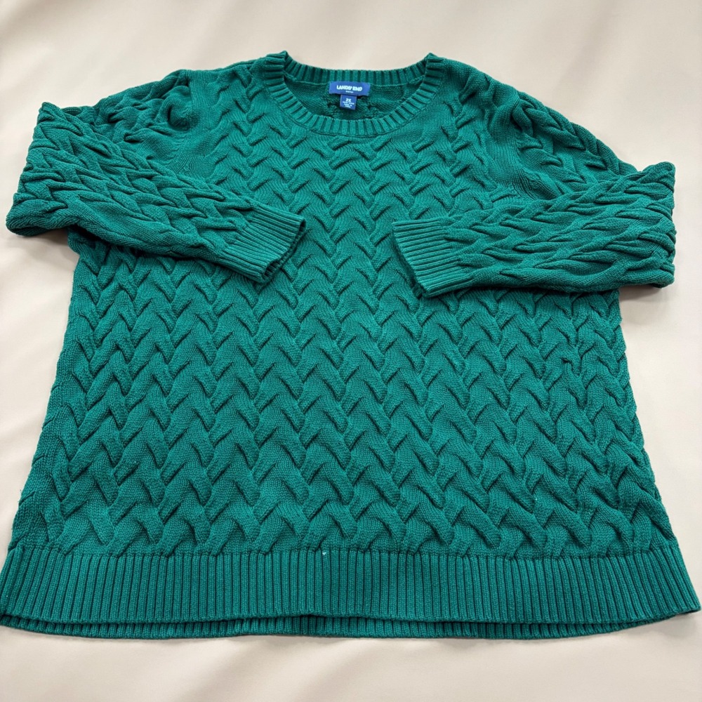 Lands End Drifter Hunter Green Cable Knit Sweater Womens 2X 20W-22W Fisherman - Picture 2 of 11